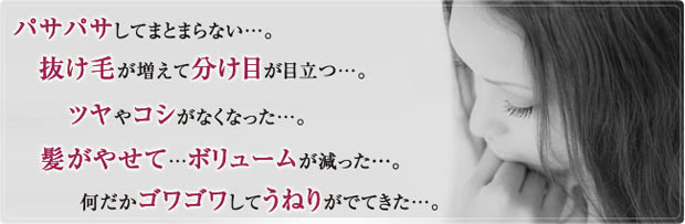 パサパサ、スカスカ、地肌のかゆみ、フケ、抜け毛、分け目が目立つ、うねり、コシがない、ツヤがない…など髪のトラブルを気にした事がありますか？